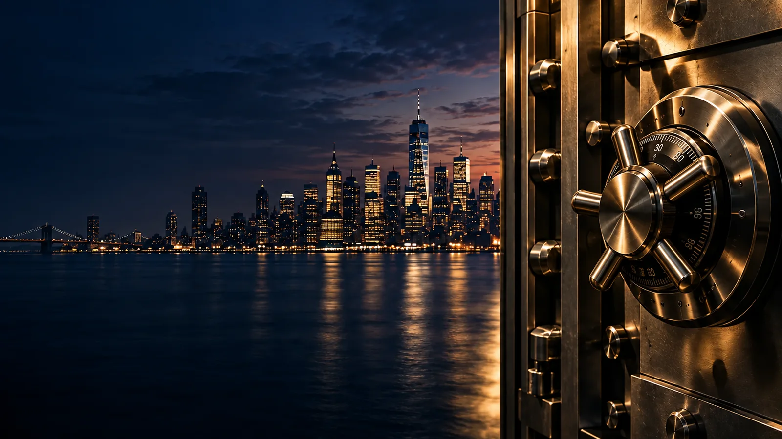 Manhattan skyline beside a high-security vault door